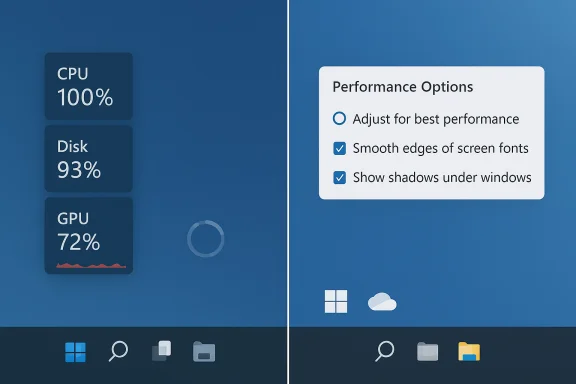 Split-screen UI with performance metrics on the left and a Performance Options panel on the right.