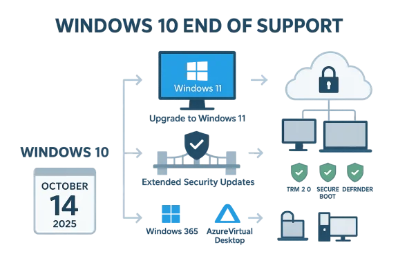 Infographic showing Windows 10 end of support and upgrade options to Windows 11 with cloud security. Infographic showing Windows 10 end of support and upgrade options to Windows 11 with cloud security.