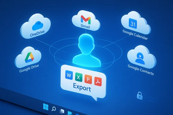 A user icon linked to multiple cloud services (OneDrive, Gmail, Google Drive, Calendar, Contacts) with export tools.
