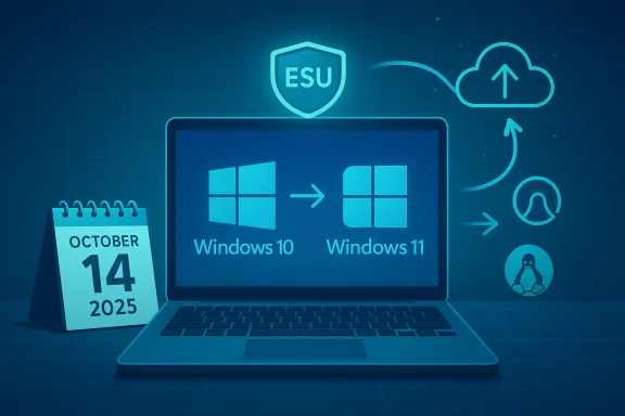 Illustration of Windows 10 upgrading to Windows 11 with ESU and cloud icons.