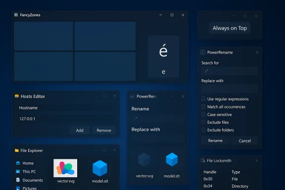 Dark Windows desktop showing multiple PowerToys windows (FancyZones, PowerRename, Hosts Editor, File Explorer).