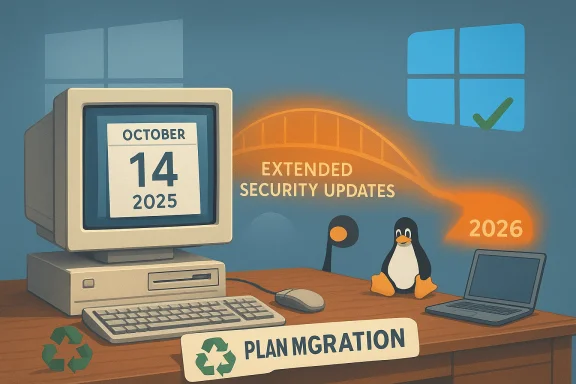 Retro computer on a desk plans migration as extended security updates extend to 2026.