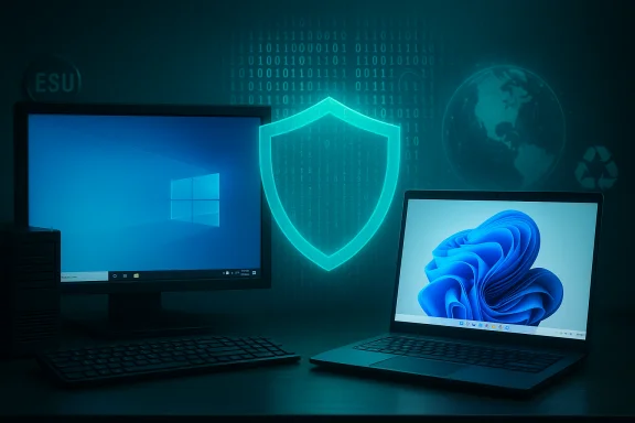 Cybersecurity-themed desk setup with a Windows monitor, a laptop, and a glowing shield in the background.
