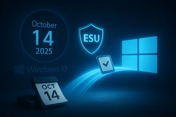 Blue neon collage showing Windows 10 date Oct 14, 2025 with ESU shield and checkmark.
