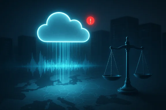 Cloud computing meets law: a neon cloud, scales of justice, and a warning alert.