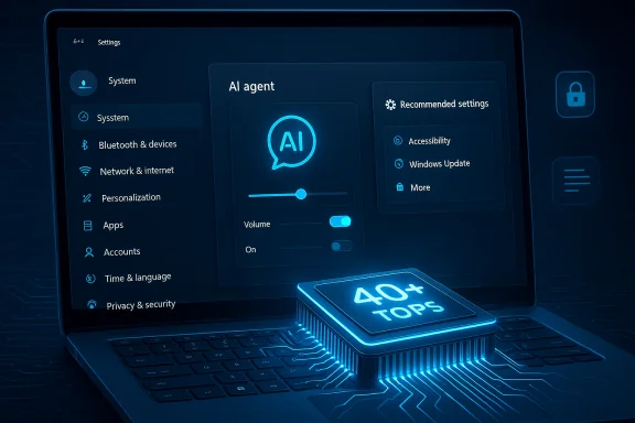 Laptop displays AI settings UI with a glowing 40+ TOPS AI chip on the keyboard.