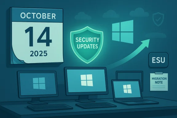 October 14, 2025: Windows security updates and migration notes on multiple screens.