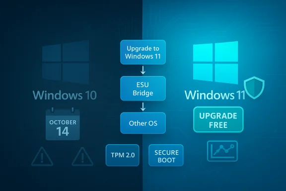 Infographic flowchart of upgrading Windows 10 or Other OS to Windows 11 via ESU Bridge, TPM 2.0 and Secure Boot.
