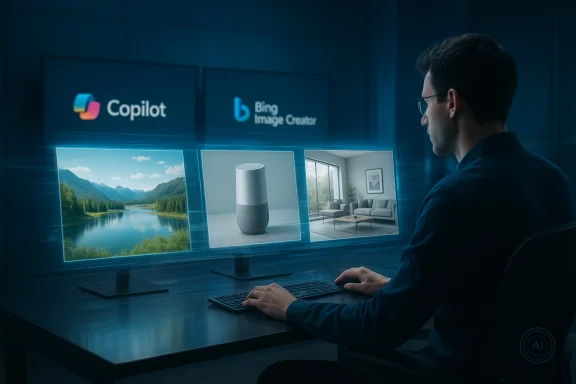 A person sits at a desk with three screens showing a landscape, a smart speaker, and a living-room photo.