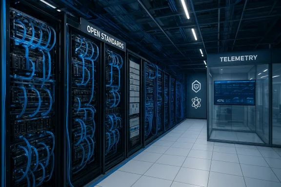 A blue-toned data center corridor with open standards server racks and a telemetry station. A blue-toned data center corridor with open standards server racks and a telemetry station.