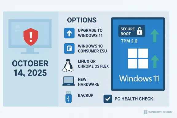 Infographic showing Windows 11 upgrade options and the October 14, 2025 date.