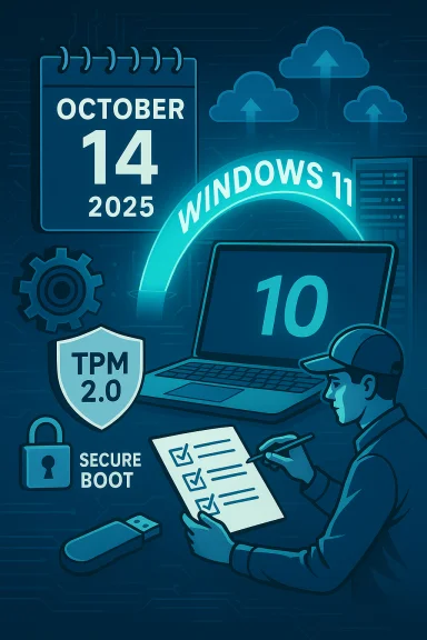 A technician reviews Windows 11 readiness, noting TPM 2.0 and Secure Boot requirements.
