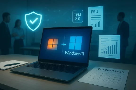Laptop displaying Windows 11 upgrade with security and analytics holograms in a meeting room.