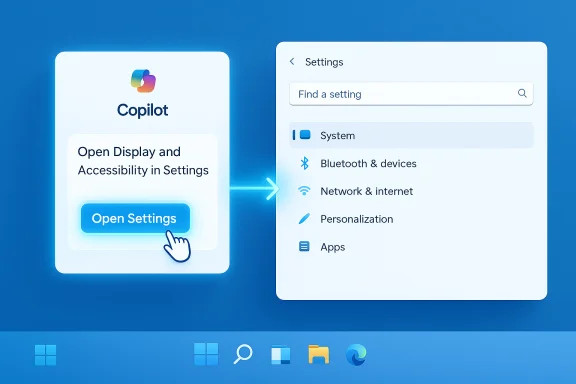 Copilot prompts to Open Settings, revealing a blue Settings panel.