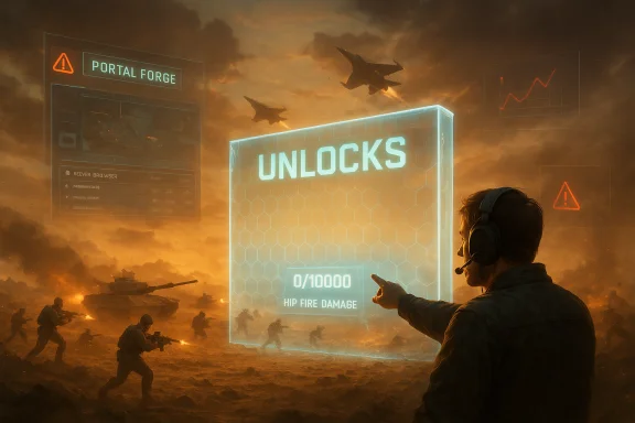 A headset-wearing operator points at a glowing UNLOCKS panel amid a fiery battlefield.