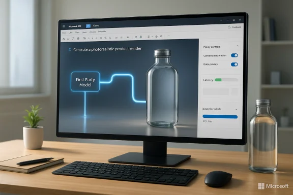 Monitor shows a photorealistic bottle render with a neon “First Party Model” label.
