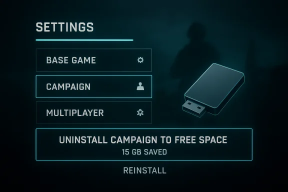 Video game settings menu highlighting “Uninstall Campaign to Free Space” (15 GB saved).