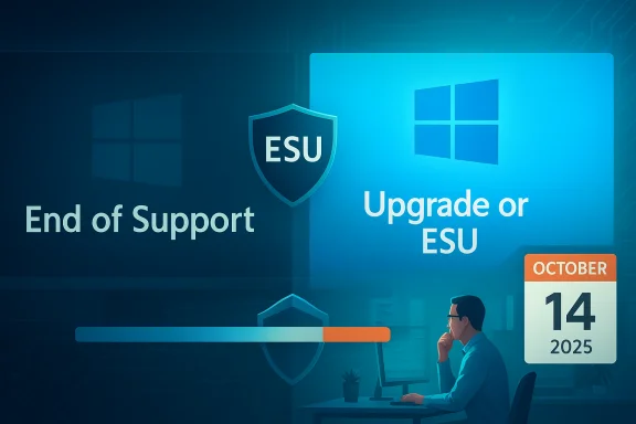 Windows end of support prompts ESU upgrade option for October 14, 2025.