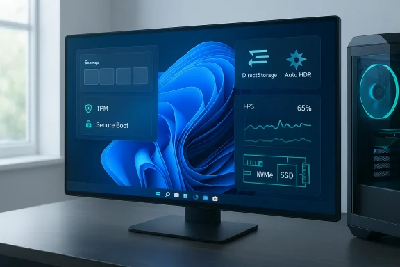 A desktop monitor on a desk displays system performance widgets (FPS, NVMe/SSD) against a blue abstract wallpaper.