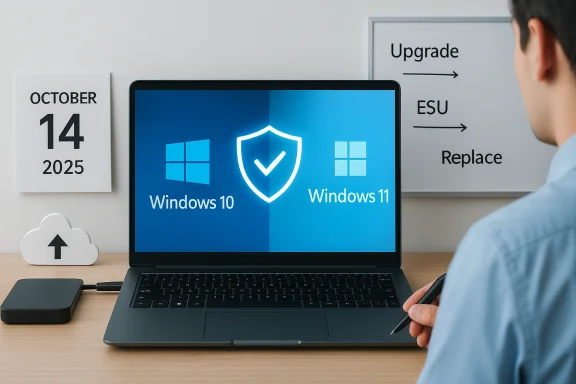 Laptop screen shows Windows 10 and Windows 11 with a shield, indicating an OS upgrade.