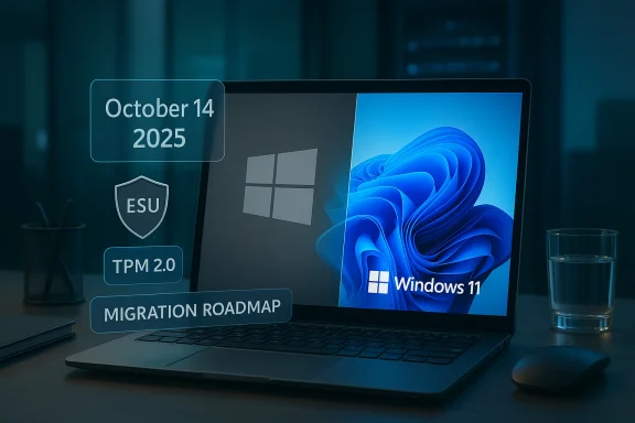 Laptop showing Windows 11 with floating panels for Oct 14, 2025, ESU, TPM 2.0, and migration roadmap.