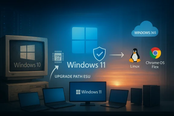 Retro Windows 10 setup with a visual upgrade path to Windows 11, Linux, and Chrome OS Flex.