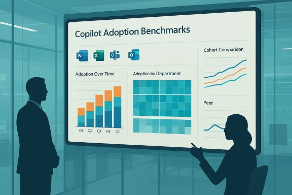 Two professionals review a Copilot Adoption Benchmarks dashboard with charts and icons.