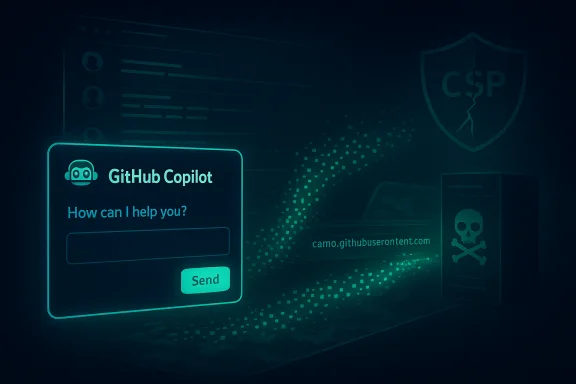 A neon GitHub Copilot chat window asking 'How can I help you?' in a dark cyber-themed scene.