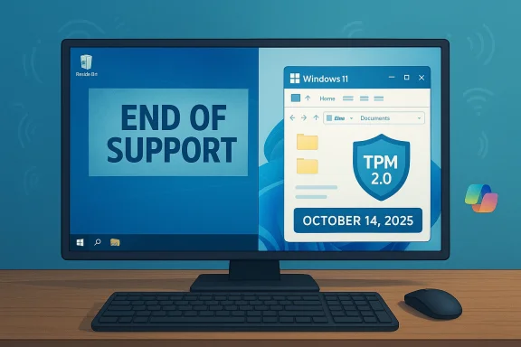 A computer monitor shows an 'End of Support' warning on the left and a Windows 11 TPM 2.0 shield on the right.
