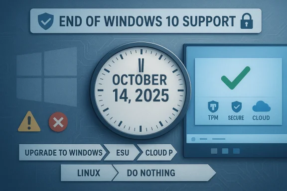 Illustration announcing end of Windows 10 support on October 14, 2025, with upgrade options.