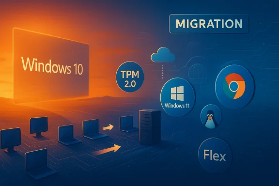 Migration from Windows 10 to Windows 11 featuring TPM 2.0 and cross‑platform icons.