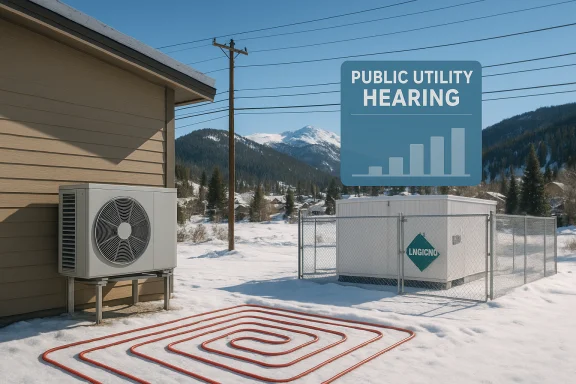 Snowy utility yard with an outdoor HVAC unit, red tubing on the snow, and a large Public Utility Hearing sign.