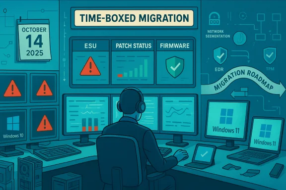 A control room dashboard labeled Time-Boxed Migration with alerts and Windows 11 icons.