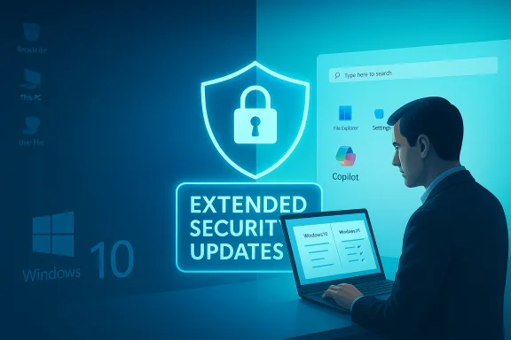 A man at a laptop with a glowing shield reading 'Extended Security Updates' beside a Windows desktop.