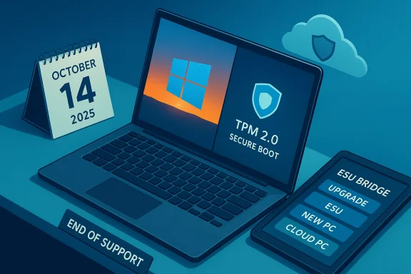 October 14, 2025 marks end of Windows support; TPM 2.0 and Secure Boot highlighted.