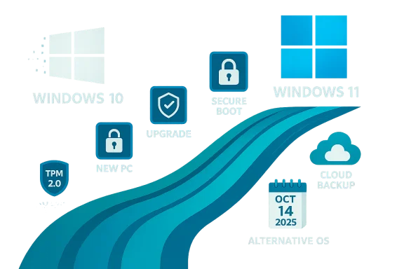 Tech infographic highlighting Windows 10/11 features, upgrade path, and security options like TPM and cloud backup. Tech infographic highlighting Windows 10/11 features, upgrade path, and security options like TPM and cloud backup.