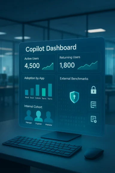 Teal holographic Copilot Dashboard on a desk, displaying active users, adoption charts, and security icons.