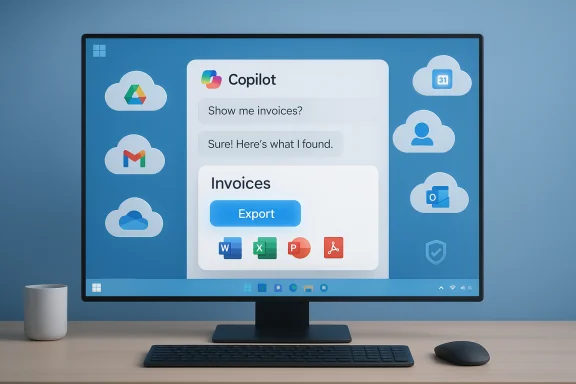 Desktop monitor displays Copilot chat with an invoices export option to Word, Excel, or PowerPoint.