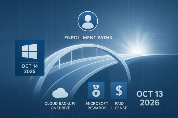 Blue infographic of Enrollment Paths with Oct 14 2025 and Oct 13 2026 showing cloud backup, rewards, and license icons.