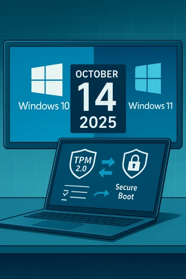 Windows 10 and Windows 11 logos on a monitor with TPM 2.0 and Secure Boot on a laptop.