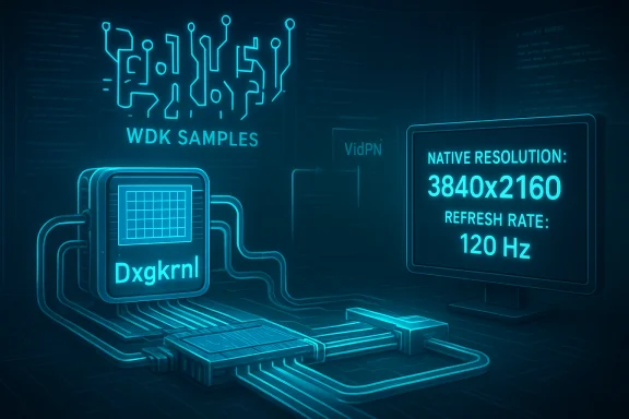 Blue neon tech illustration showing WDK SAMPLES and Dxgkrnl with a 3840x2160 display at 120 Hz.