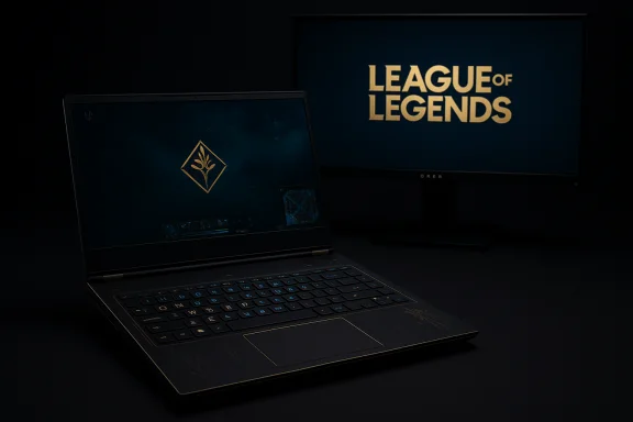Luxurious black gaming laptop with gold trim and emblem, paired with a League of Legends monitor.