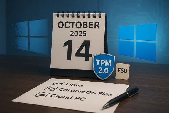 October 14, 2025 calendar with TPM 2.0 shield and Linux/ChromeOS Flex/Cloud PC notes.