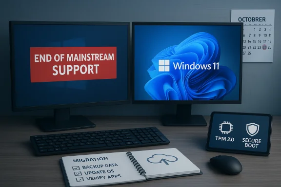 Dual monitors show 'End of Mainstream Support' beside Windows 11, highlighting migration and security.