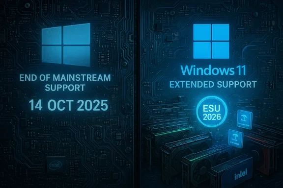 Futuristic circuit-board interface shows Windows support dates: mainstream ends Oct 14, 2025; ESU 2026.