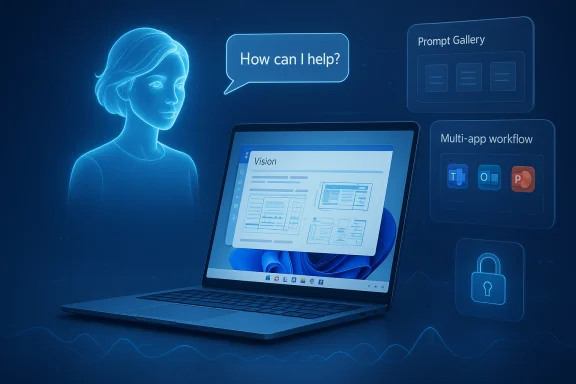 A blue holographic AI assistant beside a laptop, with 'How can I help?' and UI panels showing workflows.