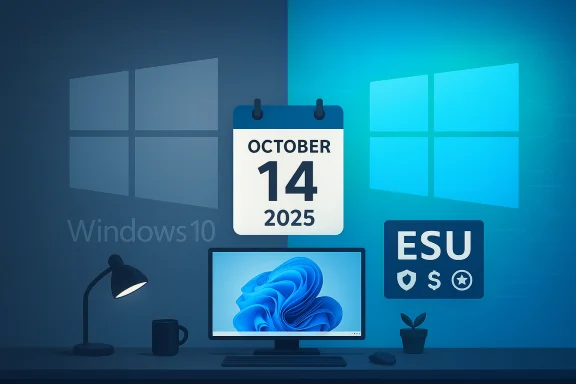 A Windows-themed desk setup featuring a calendar with October 14, 2025 and an ESU badge.