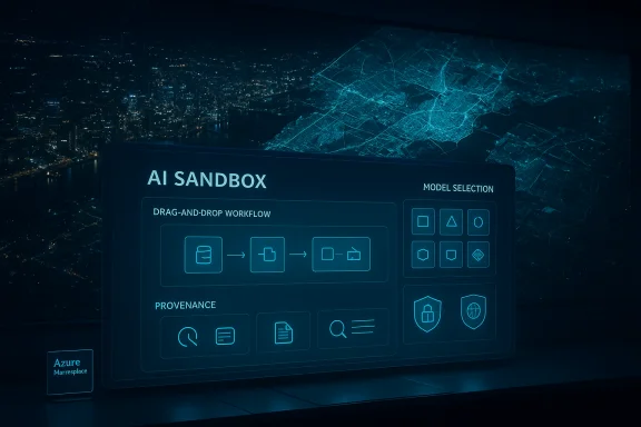 A blue holographic AI Sandbox interface projected over a city-map backdrop. A blue holographic AI Sandbox interface projected over a city-map backdrop.