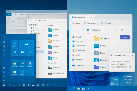 Split-screen collage of Windows UI, showing Start Menu tiles on the left and File Explorer windows on the right. Split-screen collage of Windows UI, showing Start Menu tiles on the left and File Explorer windows on the right.