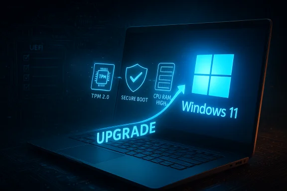 Laptop screen shows Windows 11 upgrade with TPM 2.0, Secure Boot, and high CPU/RAM.